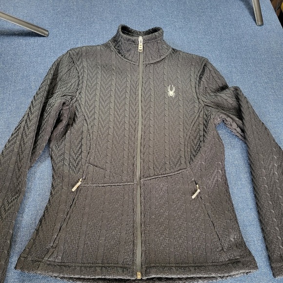 Spyder Sweaters - Spyder Women's Black Cable Knit Full Zip Fleece Lined Sweater Jacket Size Medium